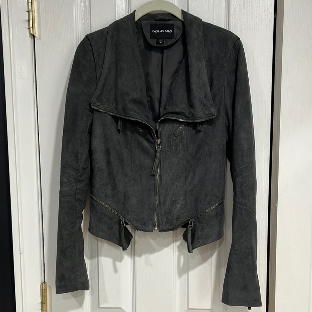 Gray suede jacket with asymmetrical details. All zippers are real.